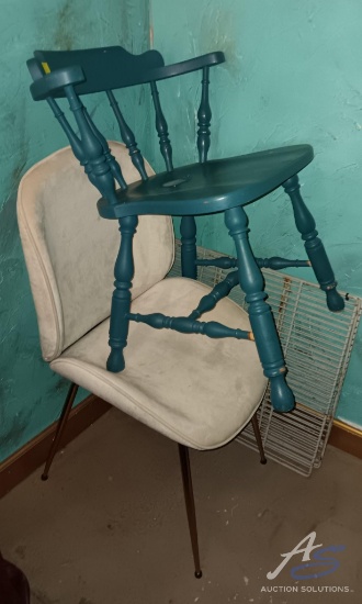 (1) Cream Upholstered Sitting Chair and (1) Teal Wooden Sitting Chair