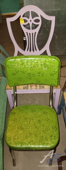 (1) Wooden and Upholstered Sitting Chair and (1) Green Retro Metal Sitting Chair