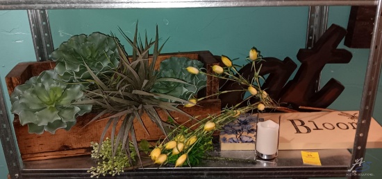 Decor: "eat" Sign, "bloom" Sign, and Wooden Plant Holder with Faux Plants