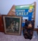 Corner Shelf, Dog Print in Frame, and Bear Statue