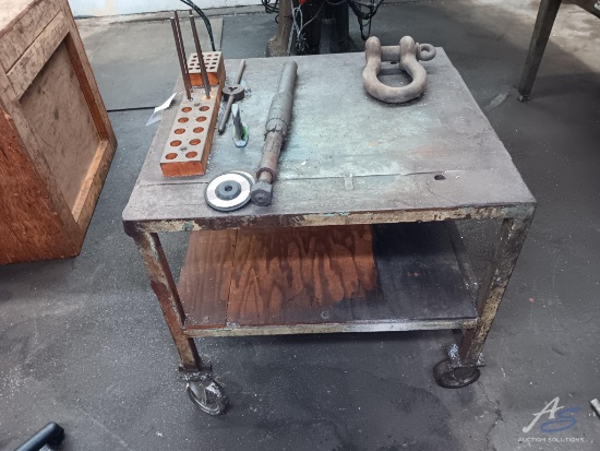 Rolling Wooden Table and Contents