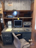 Metal Office Desk, Rolling Chair, and Contents