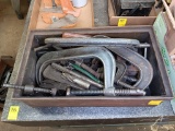 Metal Box with C Clamps, Drill Bits, and Other Items