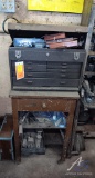 Small Metal Toolbox, Wooden End Table, Stool, and Other Items