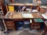 Wooden Desk, Rolling Chair, and Contents