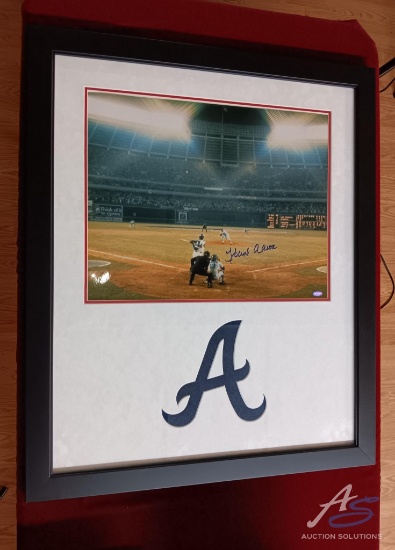 Hank Aaron Autographed 16" x 30" Collage with Logo and Custom Frame