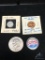 1947 Silver dime, 1962 advertising penny, 1999 Painted quarter, 1979 Eisenhower dollar