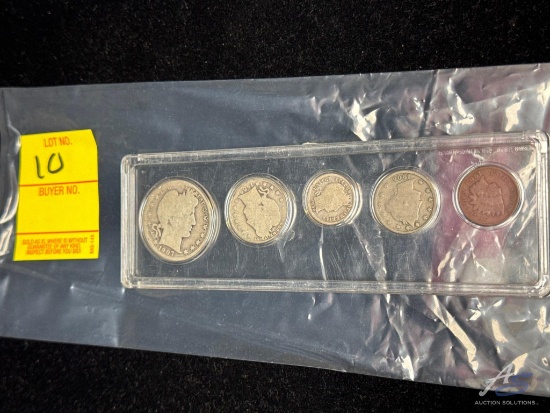 1907 Liberty Half, 1906 Quarter, 1898 Mercury dime, 1906 V cent piece, 1903 Indian Head Penny