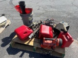 Pallet of come-a-longs, winches, gas cans