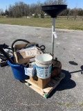 Pallet of misc- oil catcher, shop vac, misc
