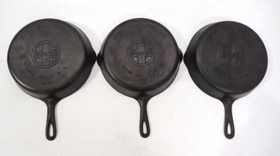 (3) Griswold No.8 cast iron skillets