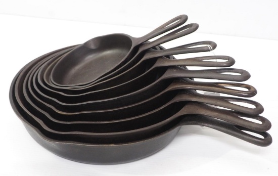 Set of 9 Wagner cast iron skillets