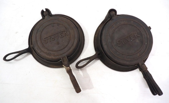 (2) Stover cast iron waffle irons