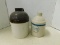 (2) SMALL CROCK JUGS, BLUE BRAND & UNMARKED