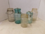 (5) VARIOUS SIZED FRUIT JARS - 3 HAVE WIRE BAILS
