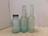 MELLIN'S FOOD CO. JAR W/ LID & (2) BLUE SODA POP BOTTLES