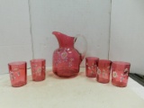 HAND PAINTED PINK GLASS PITCHER & GLASS SET