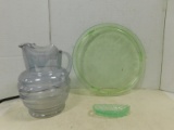 GREEN DEPRESSION CAKE PLATE, GREEN BOAT & CLEAR GLASS PITCHER
