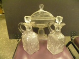 ANTIQUE COVERED COMPOTE & TWO DECANTERS