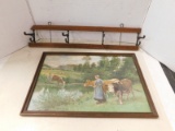 ANTIQUE WOODEN HAT RACK & PICTURE