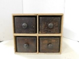 HOME MADE BOX W/ (4) ANTIQUE SEWING MACHINE DRAWERS