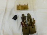 (14) RDS 30-06 HORNADY AMMO W/ (2) CANVAS M-1 GARAND POUCHES FULL OF DRILLED 30-06