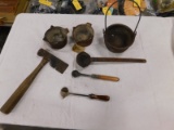 FLAT OF CAST IRON POTS, DIPPERS & A HATCHET