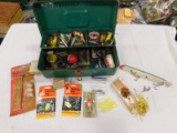 METAL TACKLE BOX PARTIALLY FULL OF VINTAGE LURES & OTHER ACCESSORIES
