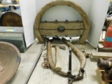 HATCHET, HARNESS PCS & 3/4 OF A LARGE WOOD PULLEY