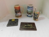 FLAT OF BEER STEINS, STURGIS 1991 BEER CAN & OTHER ITEMS