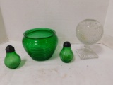 VINTAGE GREEN GLASS SHAKERS & OTHER GLASS