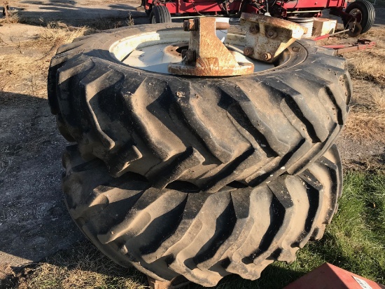 PAIR OF 8 BOLT 18.4X38 HUB DUALS W/ VERY GOOD GODDYEAR TIRES