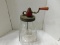 ANTIQUE GLASS JAR BUTTER CHURN - RED WOODEN HANDLE, METAL PADDLE