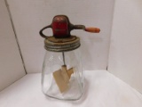 ANTIQUE GLASS JAR BUTTER CHURN - RED WOODEN HANDLE, WOODEN PADDLE