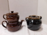 VINTAGE STONEWARE DRIP COFFEE POT & LIDED BEAN POT