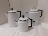 (3) WHITE ENAMEL COFFEE POTS