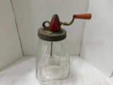 ANTIQUE GLASS JAR BUTTER CHURN - RED WOODEN HANDLE, METAL PADDLE