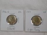 1936 S BUFFALO NICKEL (TONED) & 1937 BUFFALO NICKEL (LIGHT COLOR)