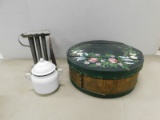 TOLE PAINTED CHEESE BOX, TAPER CANDLE MOLD & ENAMEL POT