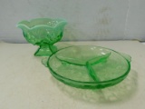 GREEN FROSTED FOOTED BOWL & GREEN CAMEO DIVIDED DISH