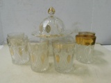 GOLD TRIMMED DOMED BUTTER DISH & TUMBLERS