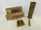 VINTAGE AMMO BOX, VARIOUS BRASS & (1) LIVE RD .348 AMMO