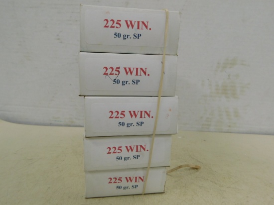(5) 20RD BOXES .225 WIN 50 GRAIN AMMO - FACTORY RELOADS