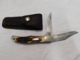 KABAR STAG HANDLED #1185 2 BLADE POCKET KNIFE W/ LEATHER HOLSTER