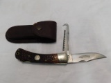 REMINGTON STAG HANDLED 2 BLADE POCKET KNIFE W/ LEATHER HOLSTER