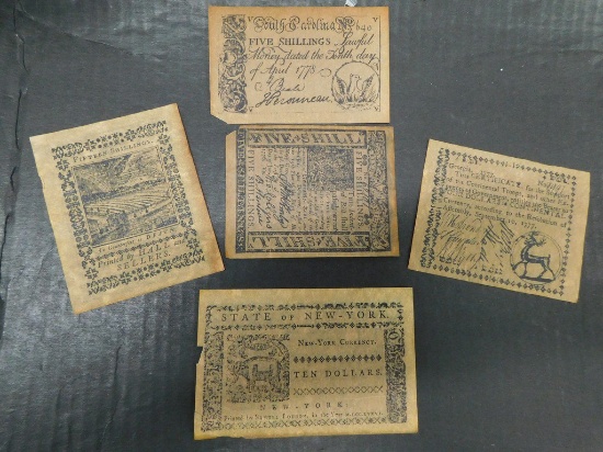 LOT OF 5 FASCIMILIE COLONIAL BILLS