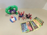 MISC. HULK, SPIDERMAN FIGURES & ASSORTED TRADING CARDS