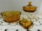 (2) AMBER COIN GLASS CANDY DISHES & SMALL ASHTRAY