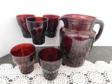 RUBY RED PITCHER W/ 5 GLASSES