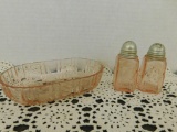 PINK DEPRESSION GLASS CRACKER BOWL & SALT / PEPPER SHAKERS